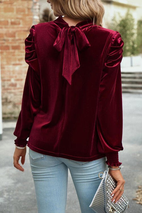 Tie Up Mock Neck Velvet Fabric Long Sleeve Blouse - Zen Allure Beauty®️