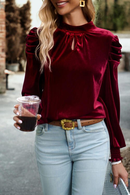 Tie Up Mock Neck Velvet Fabric Long Sleeve Blouse - Zen Allure Beauty®️