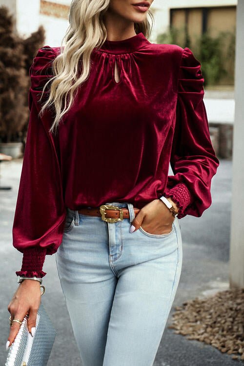 Tie Up Mock Neck Velvet Fabric Long Sleeve Blouse - Zen Allure Beauty®️