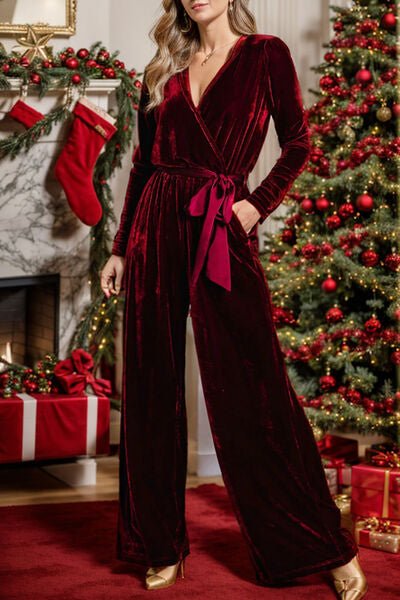 Tie Waist Long Sleeve Wide Leg Jumpsuit - Zen Allure Beauty®️