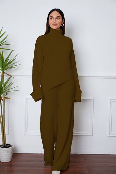 Turtleneck Dropped Shoulder Top and Pants Sweater Set - Zen Allure Beauty®️