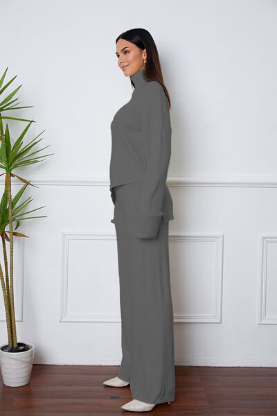 Turtleneck Dropped Shoulder Top and Pants Sweater Set - Zen Allure Beauty®️