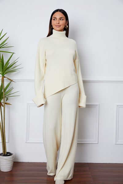 Turtleneck Dropped Shoulder Top and Pants Sweater Set - Zen Allure Beauty®️