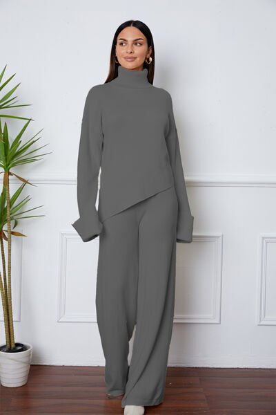 Turtleneck Dropped Shoulder Top and Pants Sweater Set - Zen Allure Beauty®️