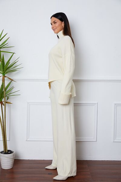 Turtleneck Dropped Shoulder Top and Pants Sweater Set - Zen Allure Beauty®️