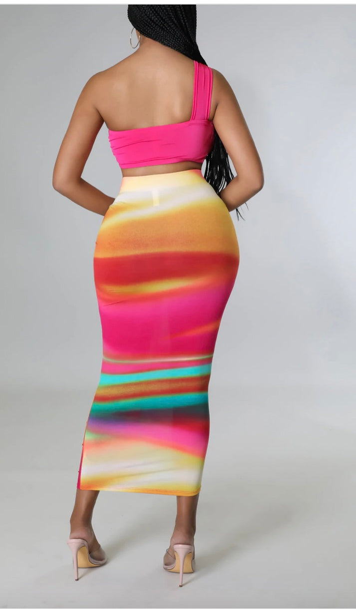 Two Piece Pink Multi Color Crop Top/High Waisted Skirt Set