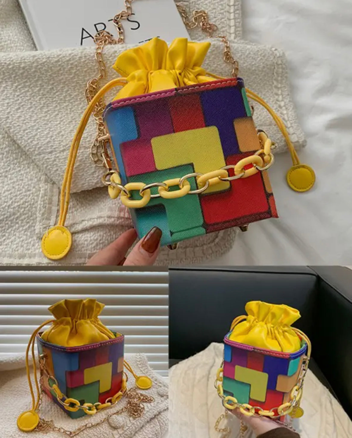 Multicolor Block Chain Strap Drawstring Bucket Bag