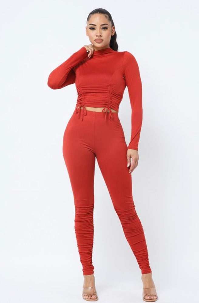 Brushed Dty Front Shirring Ruched Tunnel Tie Long Sleeve Top And Side Shirring Leggings Set